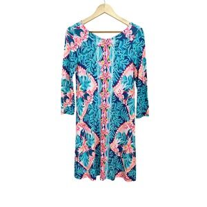 Lilly Pulitzer Hollee Dress XS Blue Pink Tropical Floral Lattice Back 26164